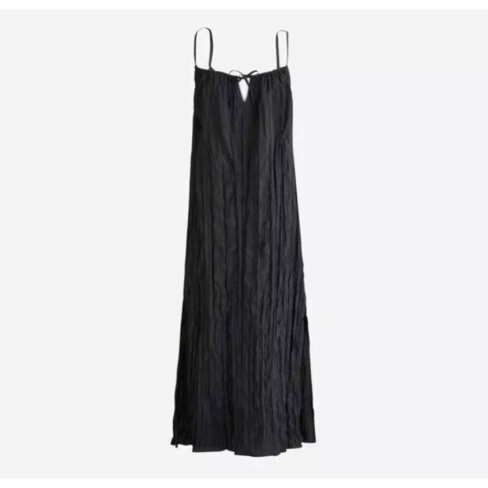 J Crew Dress Womens Extra Small Black Crinkle Side Slit Midi Moody Witchy CA648